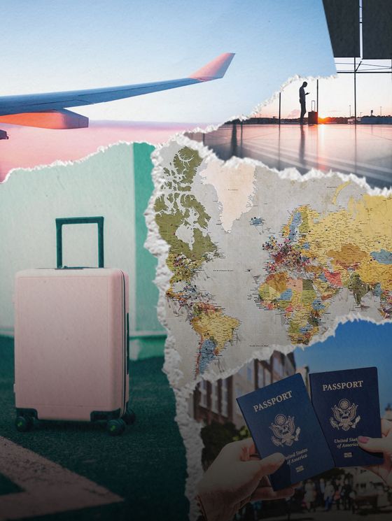 Collage of travel elements: airplane wing, person at airport, suitcase, world map, and hands holding passports.