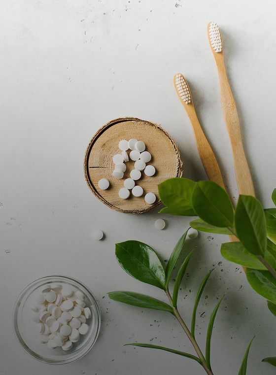 Two wooden toothbrushes, a wooden dish with white tablets, a small glass bowl of tablets, and green leaves on a gray surface.