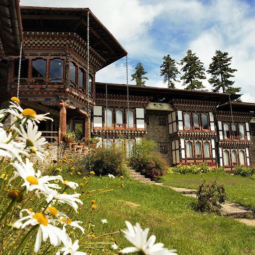 Traditional Bhutanese building with intricate woodwork, surrounded by lush greenery and white daisies, under a partly cloudy sky.