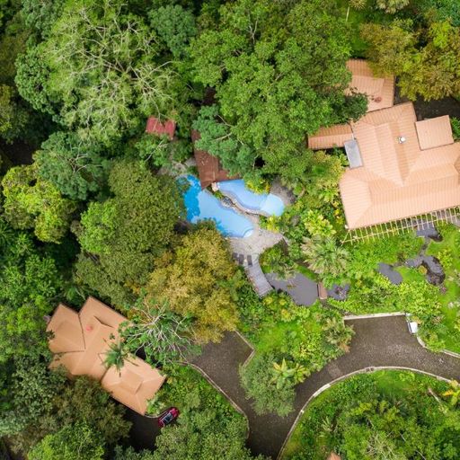 Aerial view of a lush green landscape with two terracotta-roofed buildings and a blue pool surrounded by dense trees and winding paths.