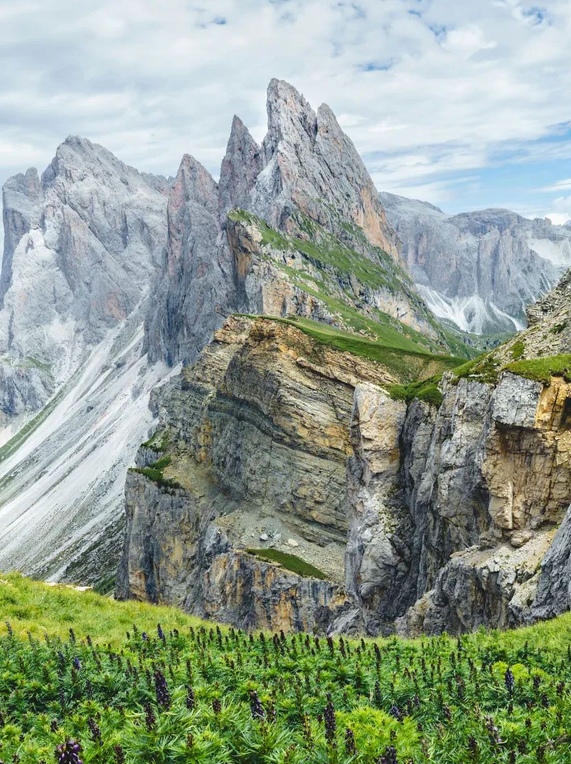 Jagged mountain peaks with grassy terraces rise above a lush green meadow. Cloudy sky overhead creates a dramatic backdrop.
