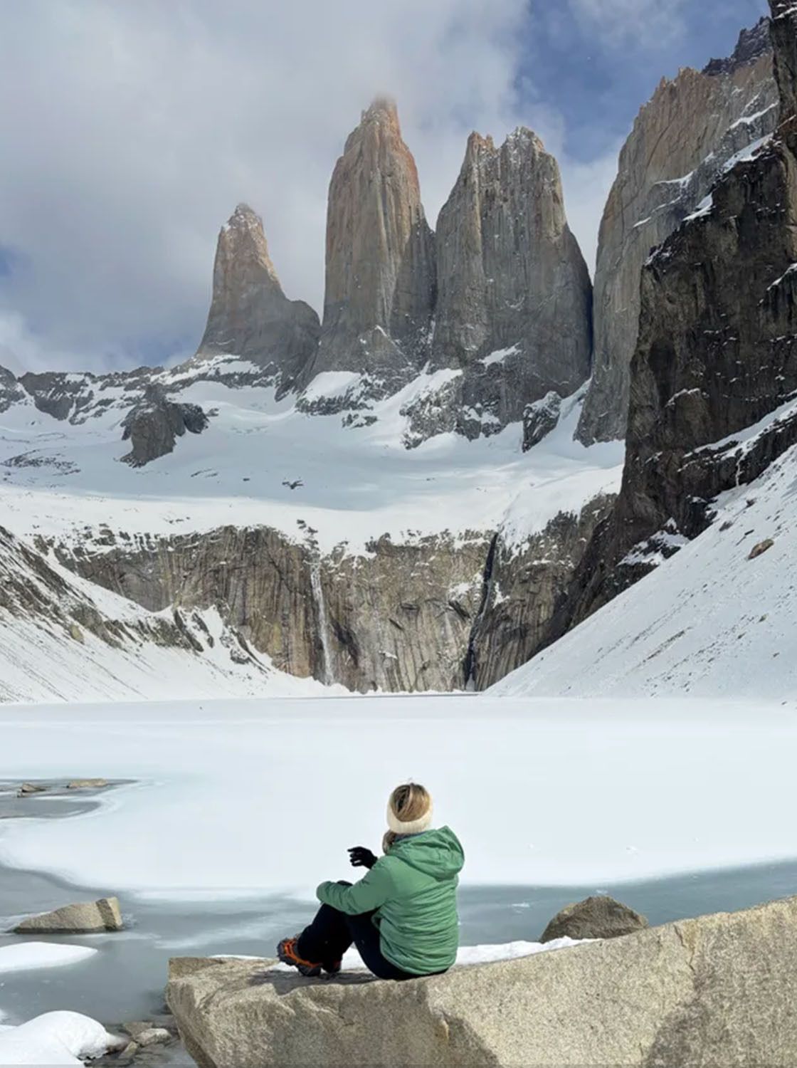 Person in green jacket sits on a rock, gazing at snow-covered mountains and a frozen lake under a partly cloudy sky.