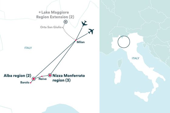 Map showing travel routes from Milan to Alba and Nizza Monferrato regions, with an extension to Lake Maggiore and Orta San Giulio.