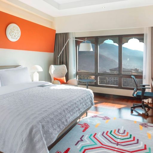 Modern hotel room with a large bed, colorful rug, desk, and chair. Sunlight streams through a window with mountain views. Decor includes wall art.