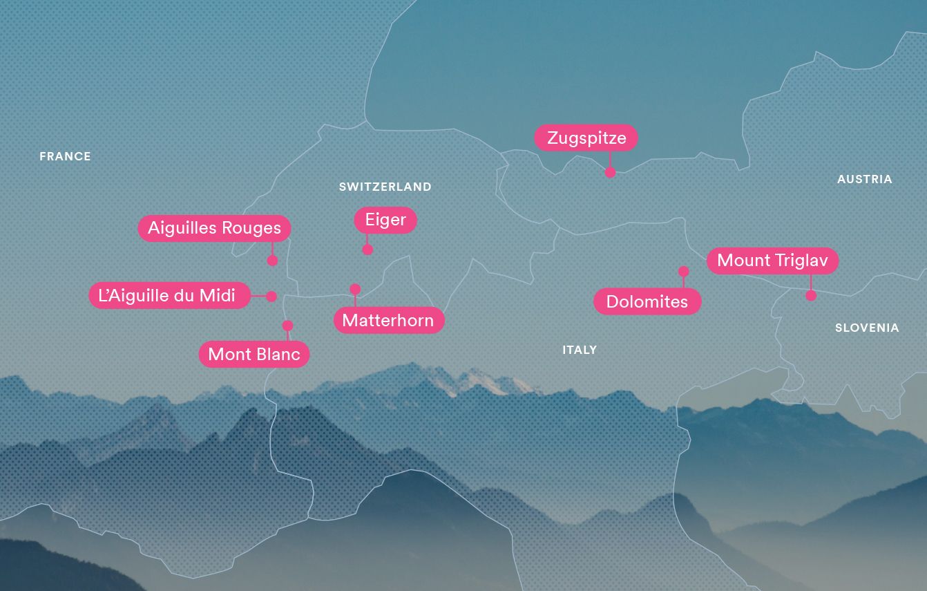 Map showing alpine mountains in Europe with labels, including Mont Blanc, Matterhorn, Eiger, and Dolomites, across countries like France and Italy.