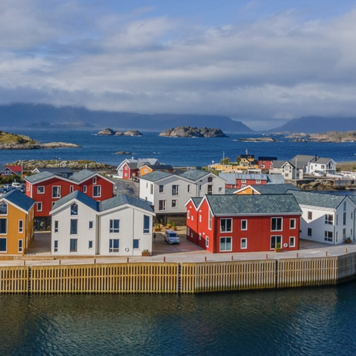 Colorful houses on a small island surrounded by blue water, with mountains and a cloudy sky in the background.