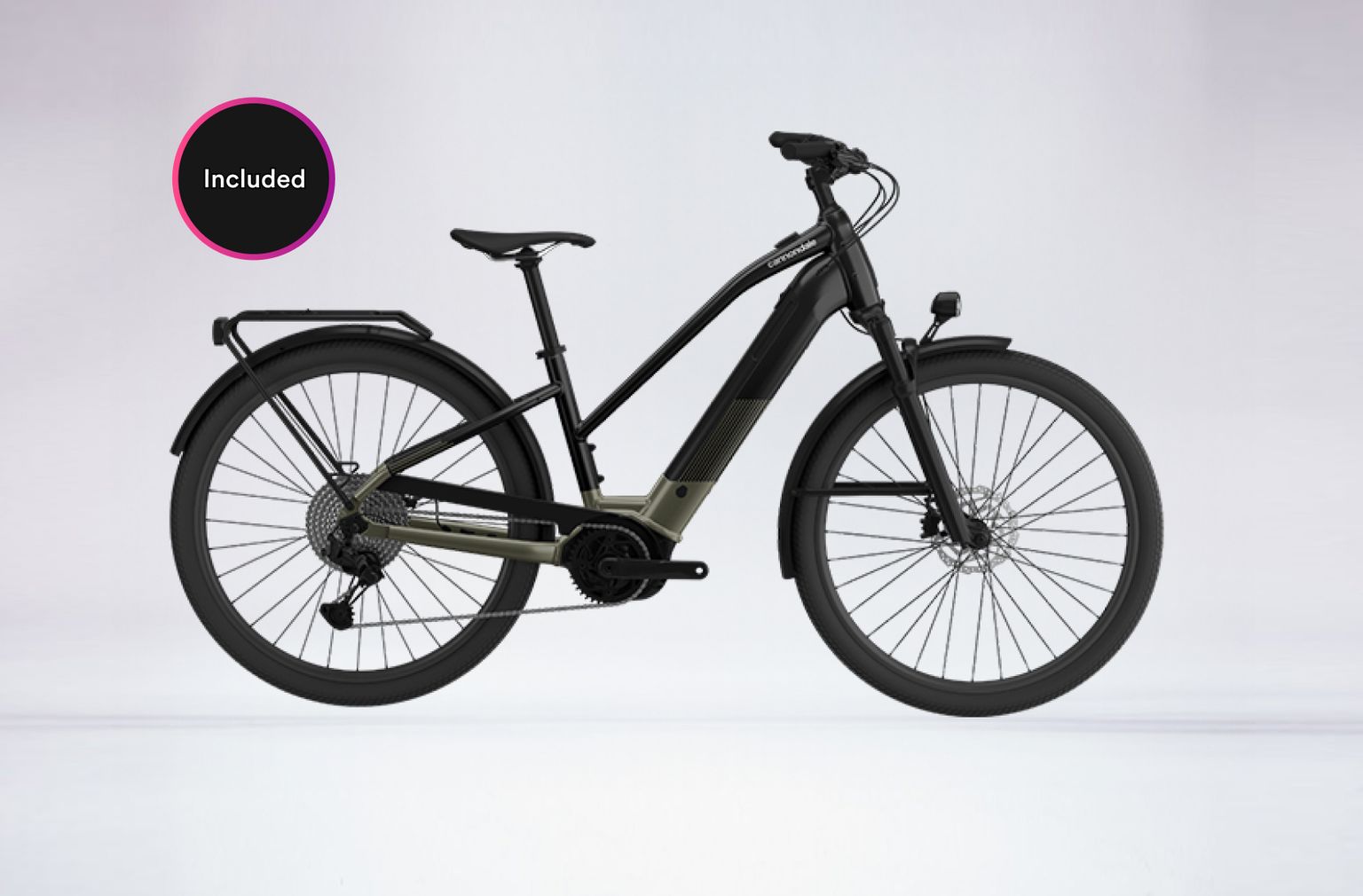 A modern black electric bicycle with a step-through frame, disc brakes, and a rear rack, displayed against a light gray background.