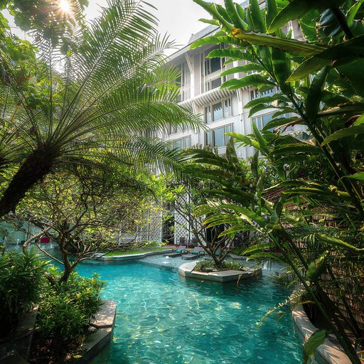Lush tropical garden with a winding blue pool surrounded by dense greenery and modern white building in the background.