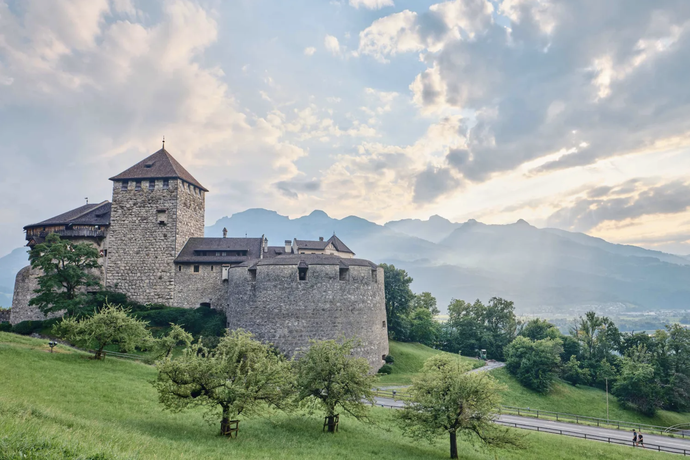 Stone castle with a tall tower on a grassy hill, surrounded by trees, with mountains and a cloudy sky in the background.