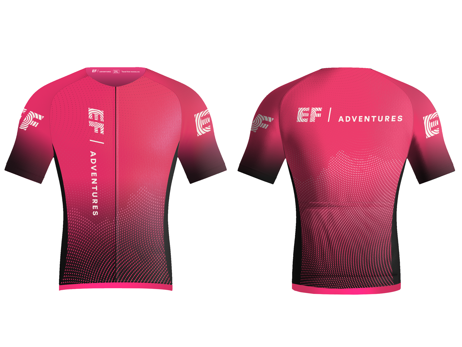 Front and back view of a pink and black cycling jersey with "EF Adventures" and geometric patterns on the sleeves and sides.