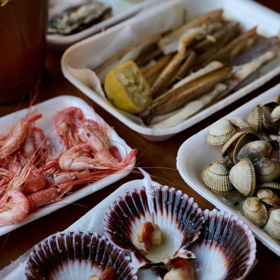 A variety of fresh seafood including prawns, razor clams, cockles, and scallops arranged on platters with lemon wedges.