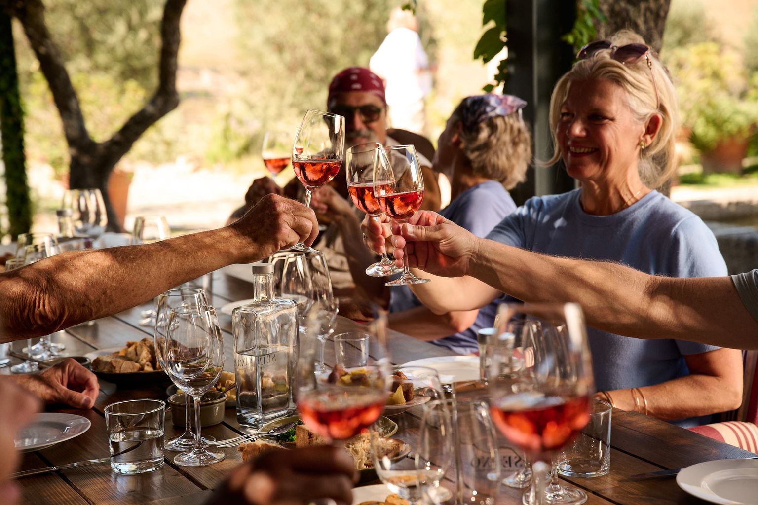 People clinking glasses of rosé wine at an outdoor dining table, surrounded by plates of food, under a canopy of trees.