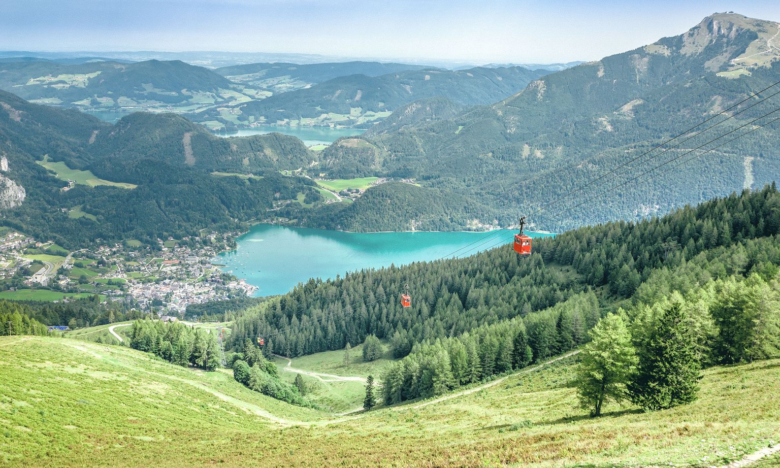 Scenic view of a lush green valley with red cable cars, a turquoise lake, and surrounding mountains under a clear blue sky.