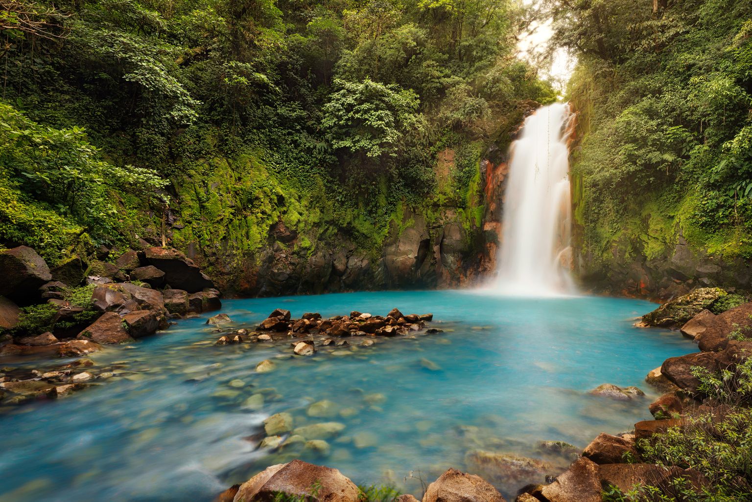 A vibrant waterfall cascades into a turquoise pool surrounded by lush green forest. Rocks and foliage frame the peaceful scene.