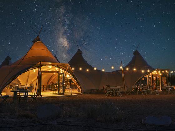 Glamping tents lit warmly under a starry night sky, with the Milky Way visible above, creating a cozy and enchanting atmosphere.