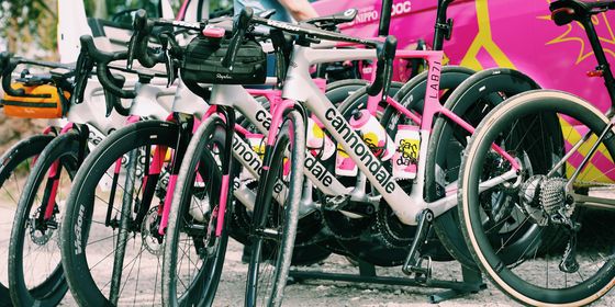 Several pink and white racing bicycles are lined up in front of a bright pink support vehicle.