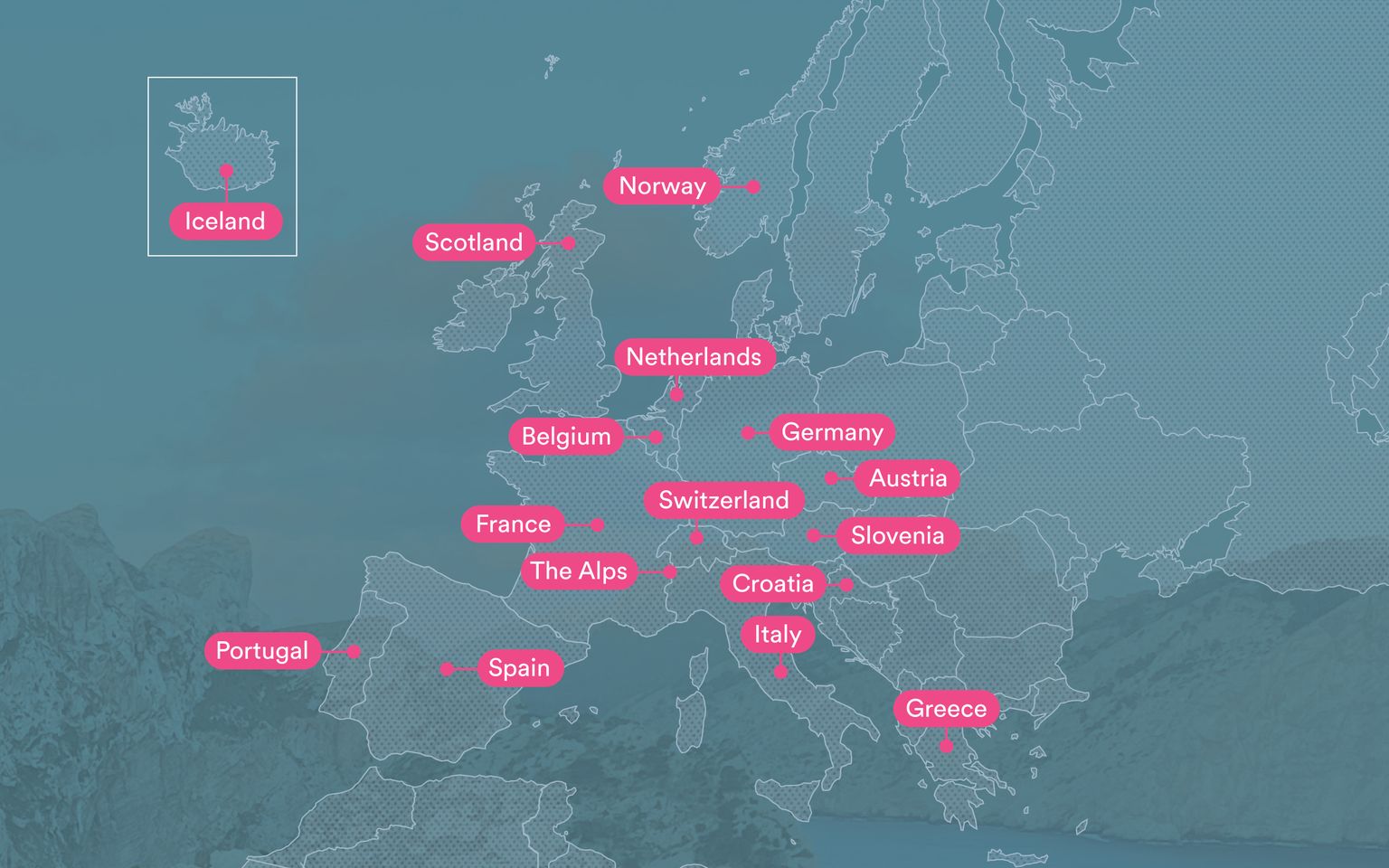 Map of Europe highlighting countries and regions: Iceland, Scotland, Norway, Netherlands, Belgium, and more, in pink text on a blue background.