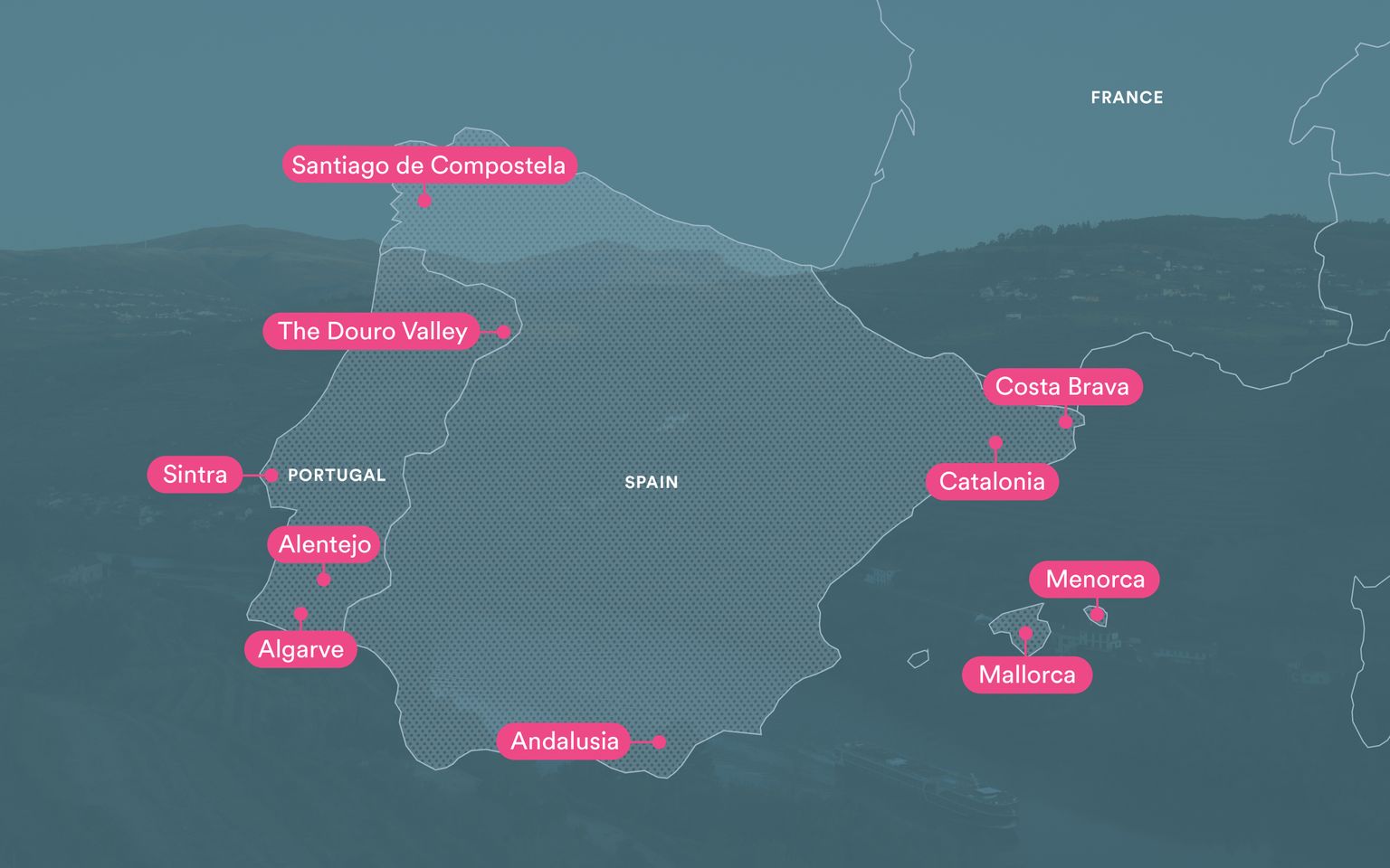 Map highlighting regions in Spain and Portugal, including Andalusia, Algarve, Catalonia, Douro Valley, and Mallorca, with pink labels.