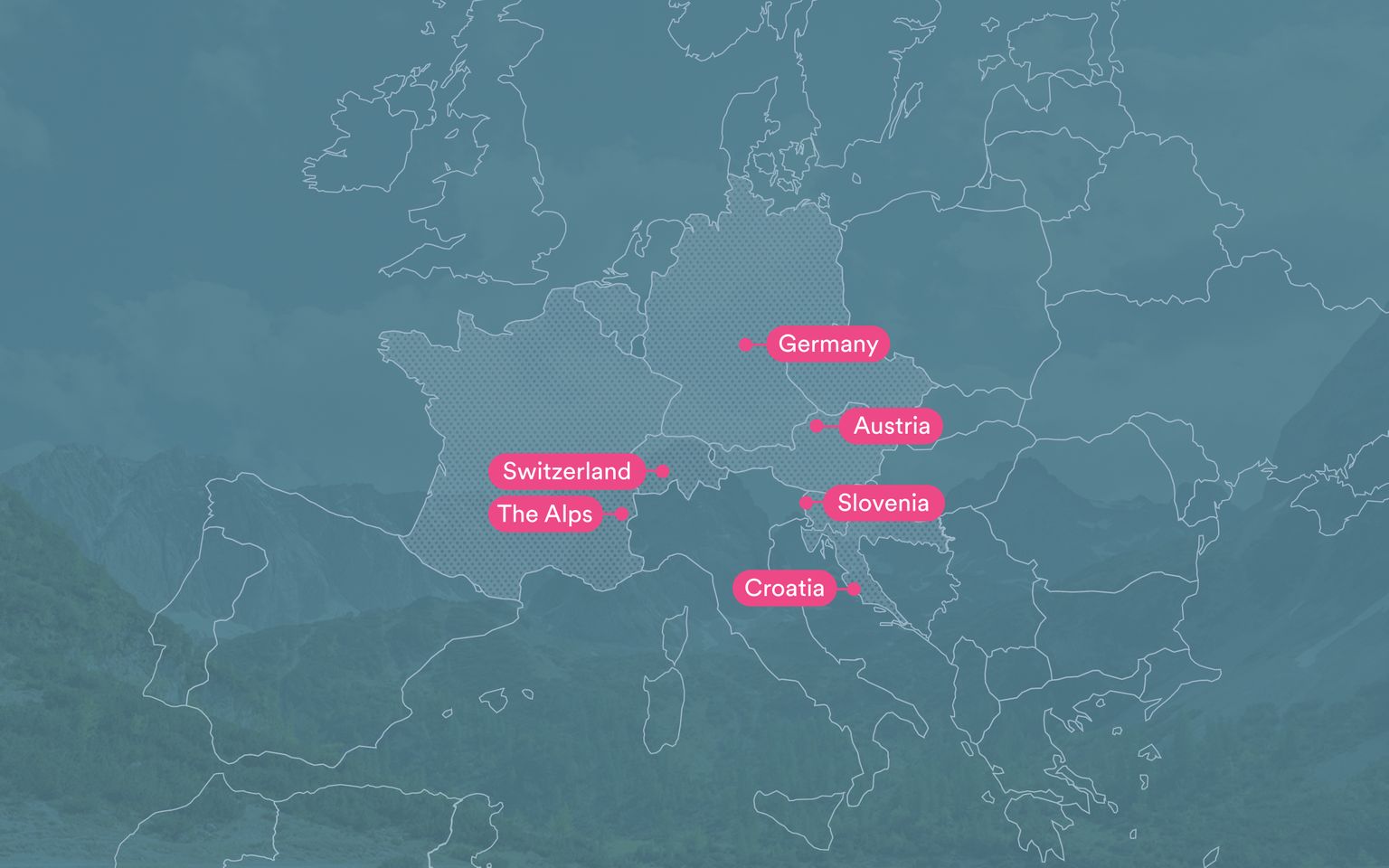 Map highlighting Germany, Austria, Slovenia, Croatia, Switzerland, and The Alps in Europe with labeled locations.