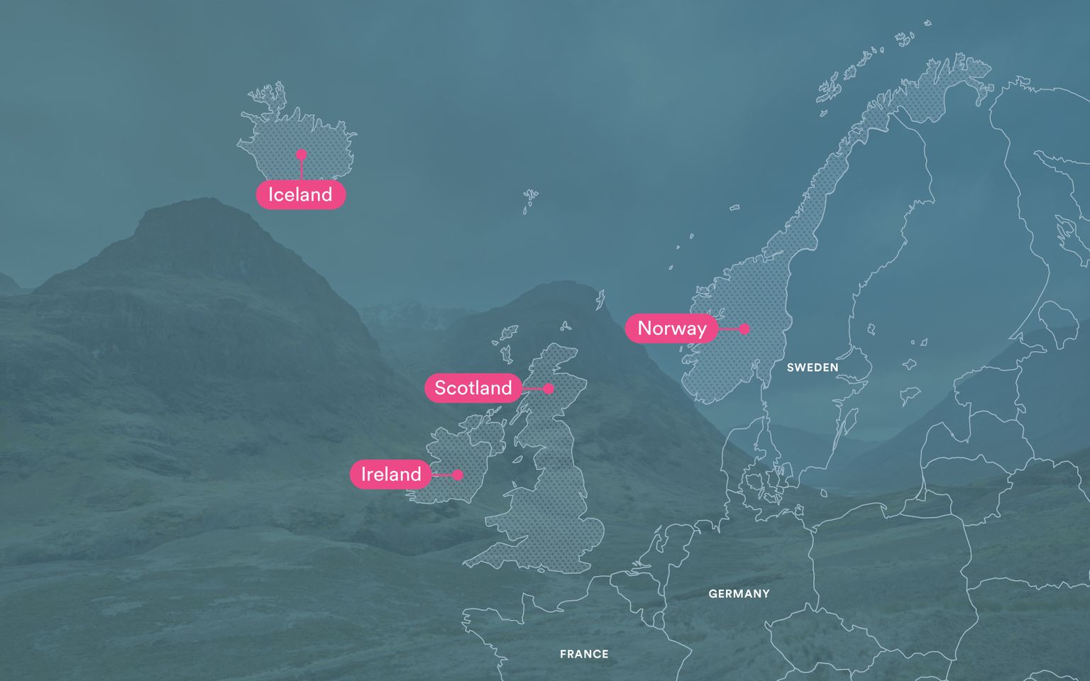 Map overlay on a landscape showing Norway, Iceland, Scotland, and Ireland highlighted in pink.