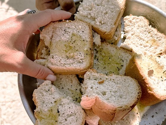 Hands holding a plate of sliced bread topped with olive oil and herbs, outdoors in sunlight.