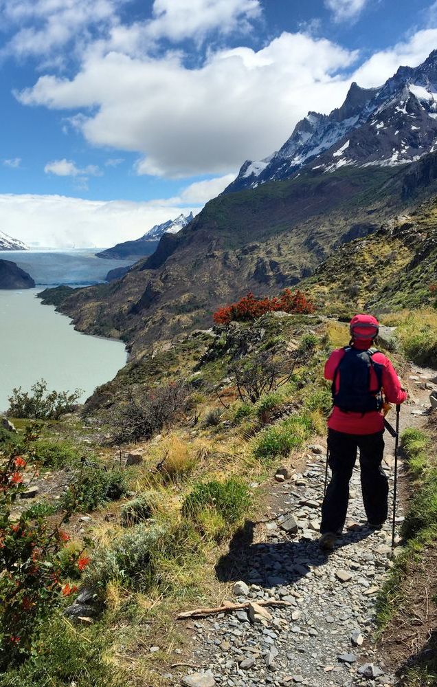 Hiker in red jacket walking along a mountainous trail overlooking a lake and snow-capped peaks under a cloudy sky.
