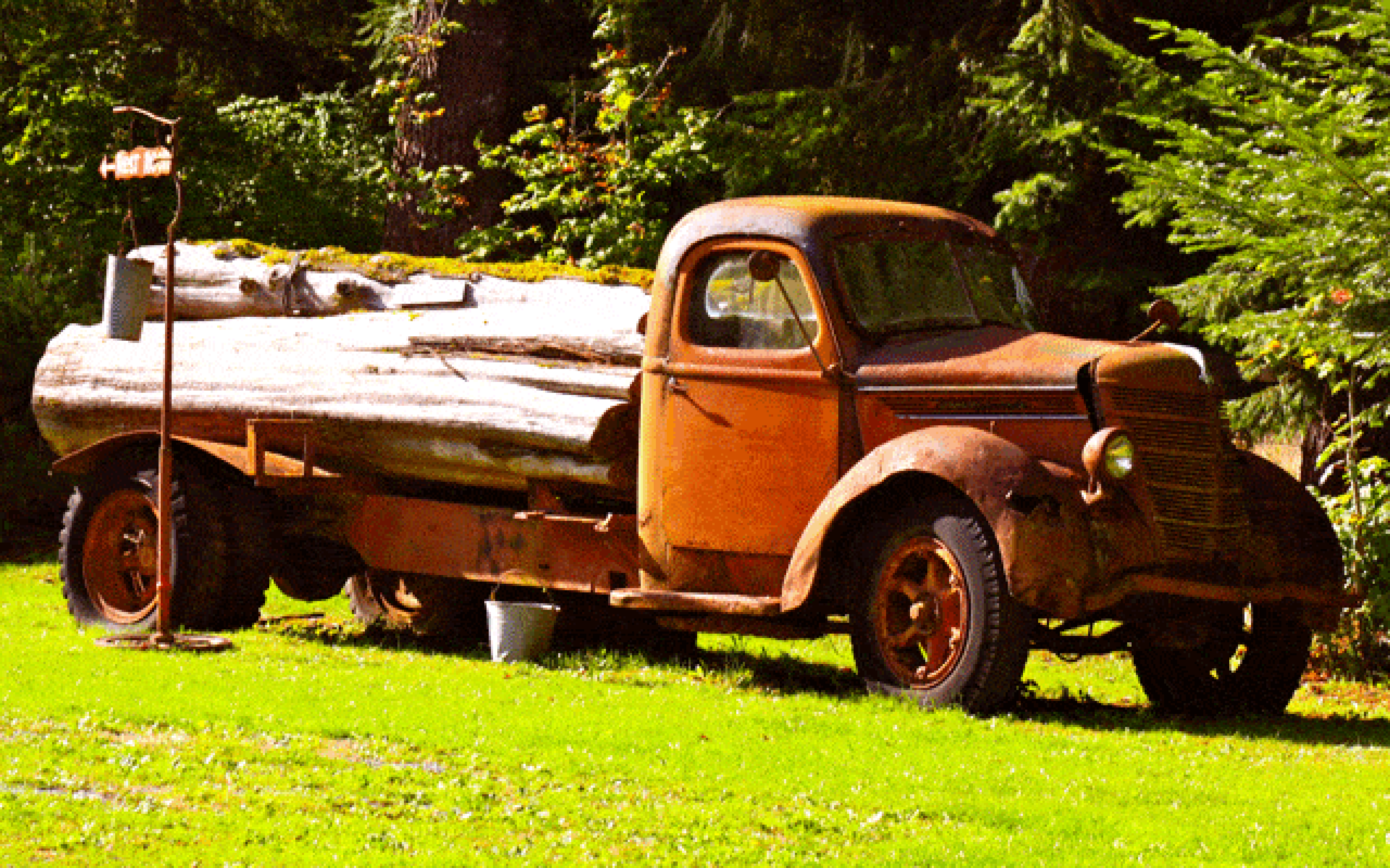 old red truck on green grass hauling lumber