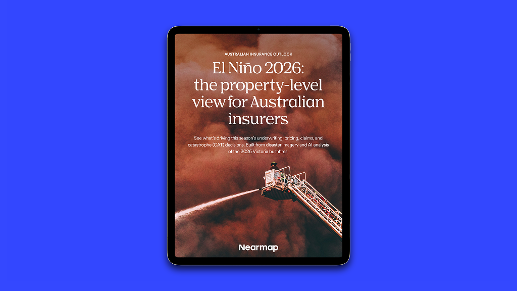 Tablet displaying a report titled "El Niño 2026: the property-level view for Australian insurers" against a smoky background.