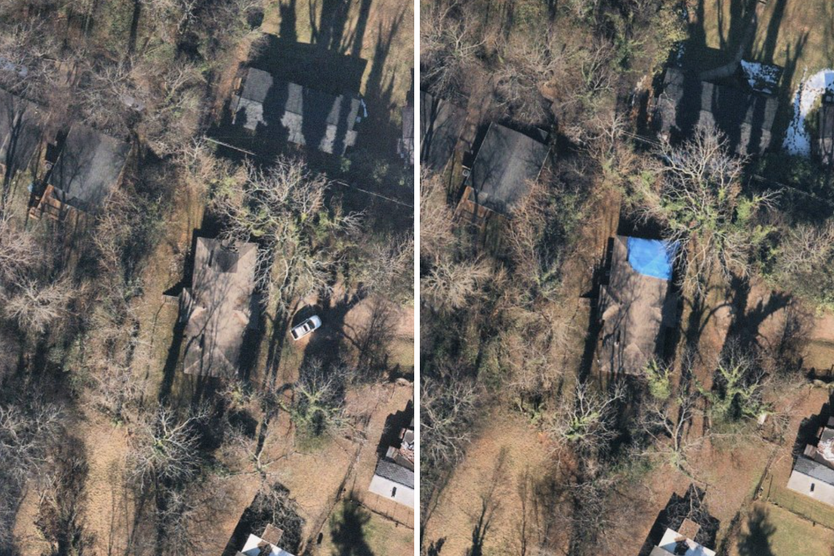 Before and after comparison of roof damage on a residential home