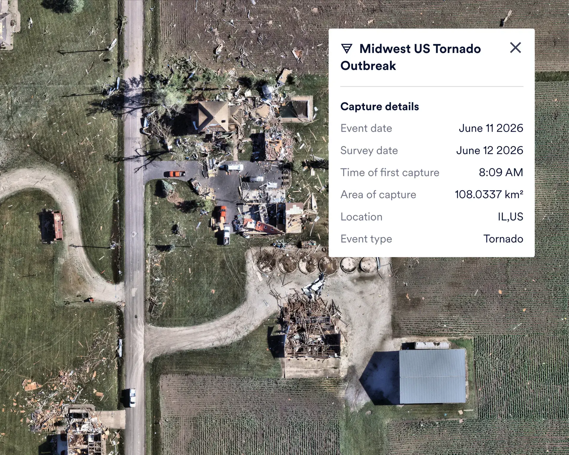 Image of tornado damage in midwest residential street with overlaying Nearmap data