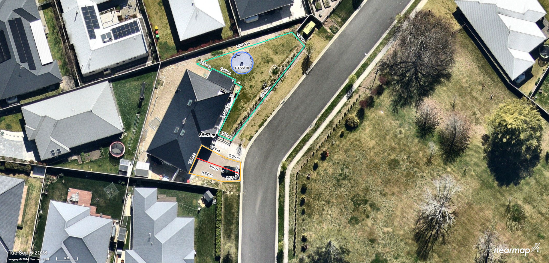 Aerial imagery showing landscaping and lawn property measurements