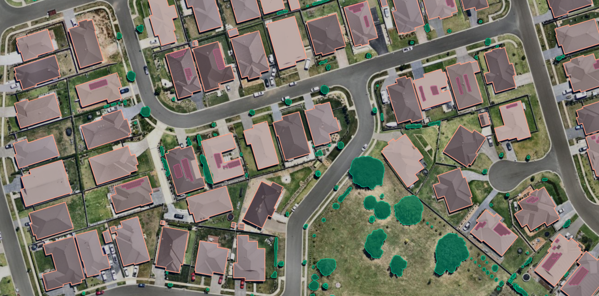 Aerial imagery showing AI layers – building footprint, solar panels and vegetation