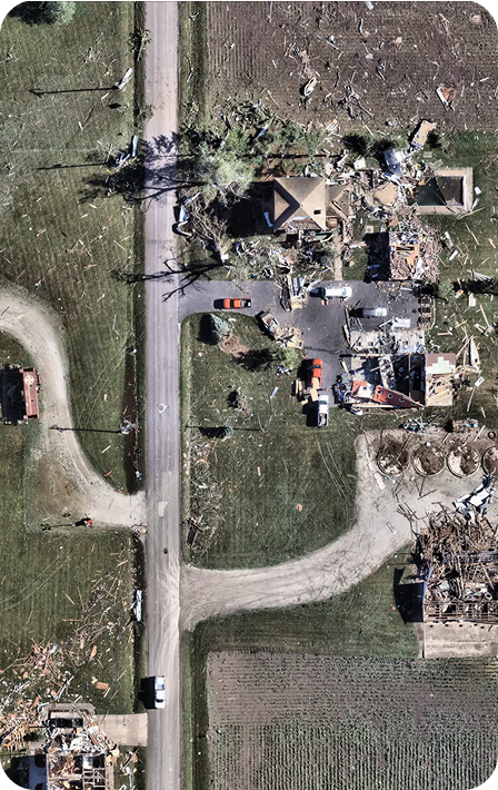 Image of tornado damage in midwest residential street