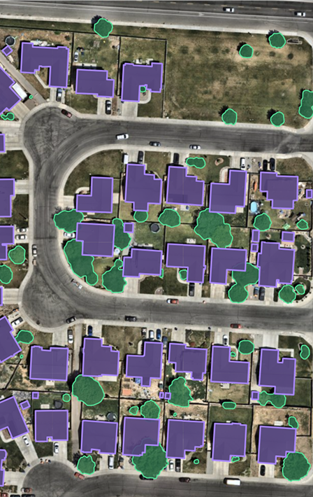 Image of AI layers detailing building and tree outlines in residential home neighborhood