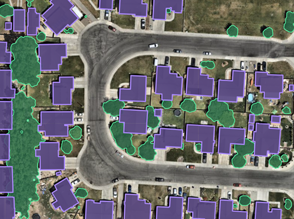 Image of AI layers detailing building and tree outlines in residential home neighborhood