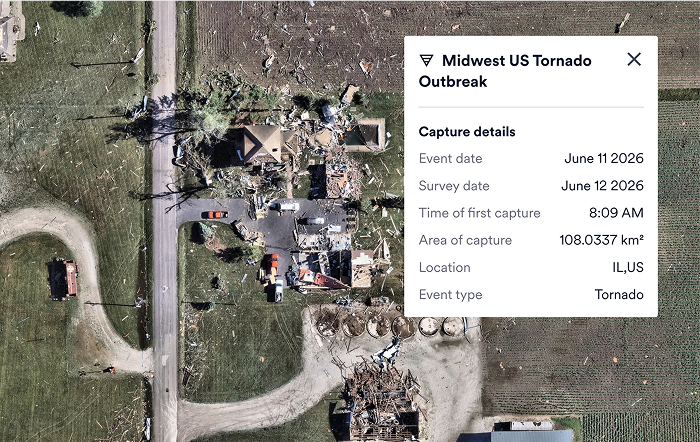 Image of tornado damage in midwest residential area with overlaying Nearmap data