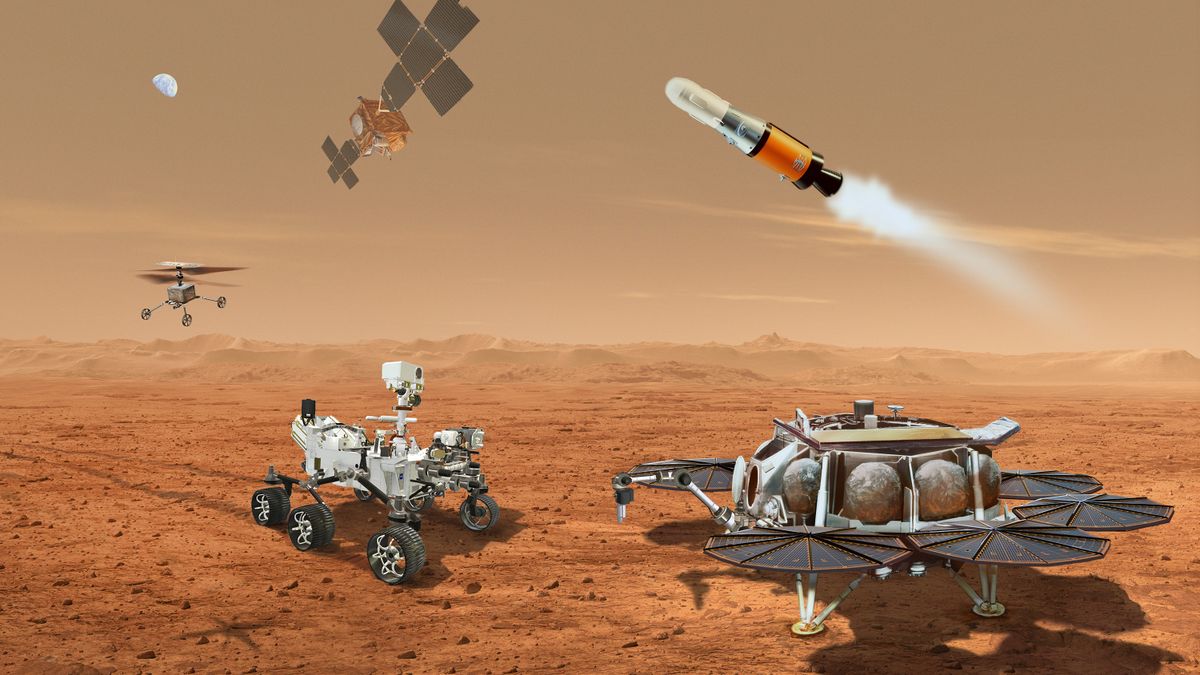 A rendering of the various components of the Mars Sample Return Architecture including a rover, a Mars ascent rocket, an orbiter, and a helicopter.