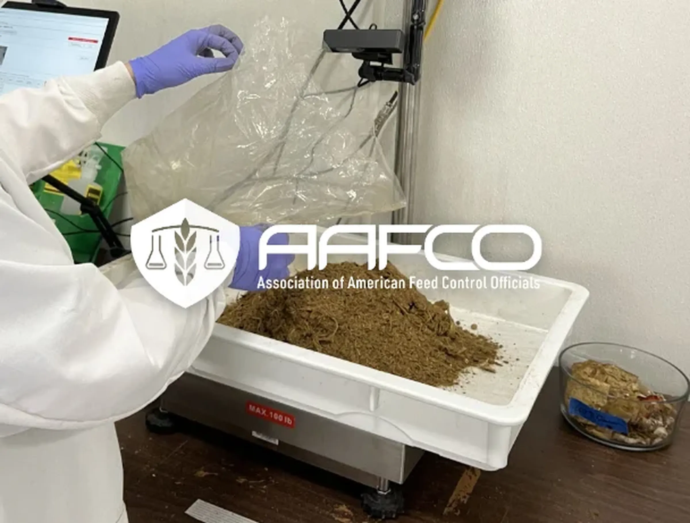 A lab technician weighing a tray of Mill food grounds