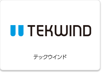 Logo with two blue rectangles and the text "TEKWIND" in black. Japanese text below reads "テックウィンド" on a white background.