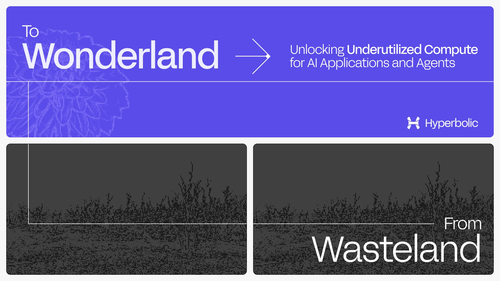 A graphic titled "To Wonderland" with a purple background and floral design. It reads "Unlocking Underutilized Compute for AI Applications and Agents," with "Hyperbolic" logo. Below, "From Wasteland" with blurred graphics on a gray background.