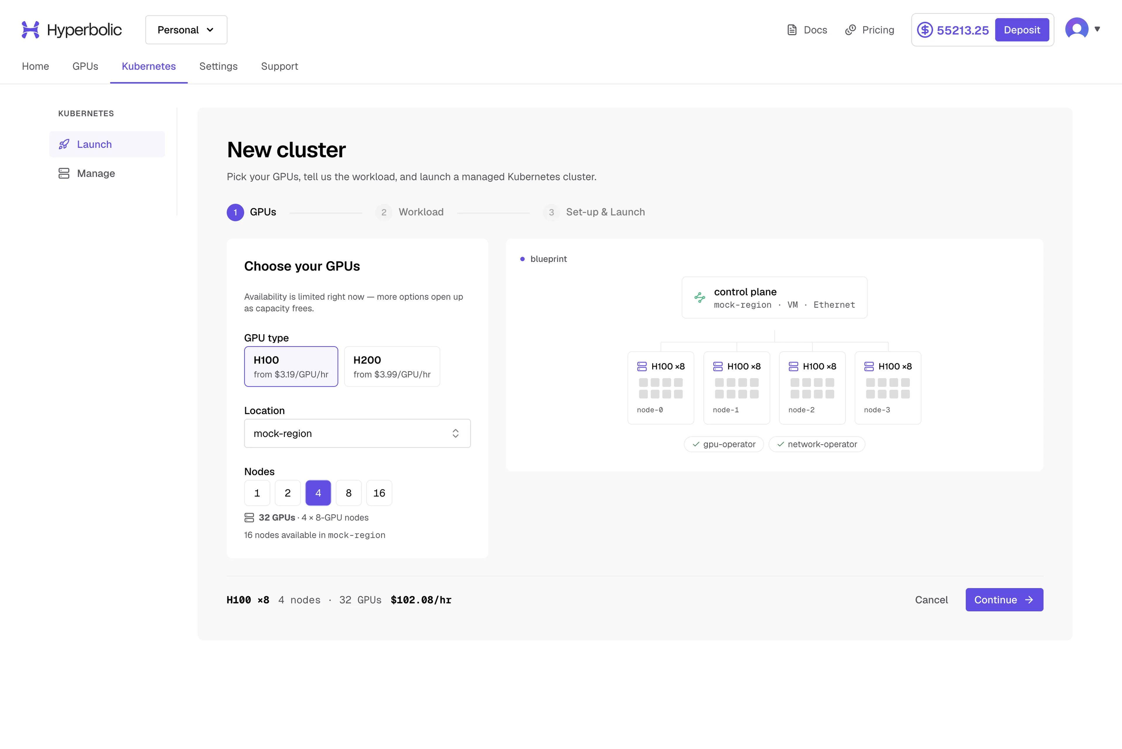 Select the GPU type, region, and worker-node count, then review the blueprint and estimated hourly rate.