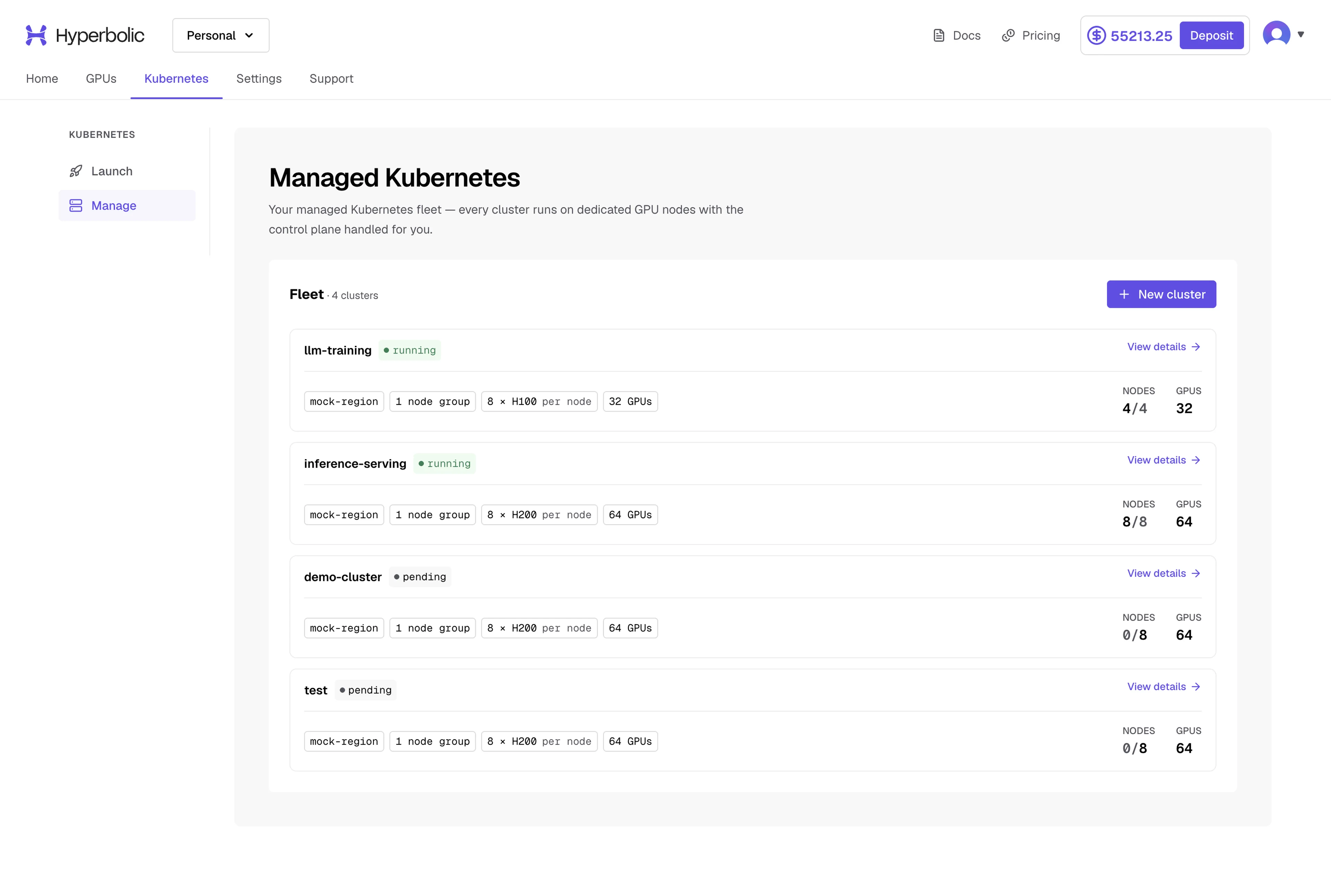 Find your cluster in Manage and select View details to follow its setup progress.