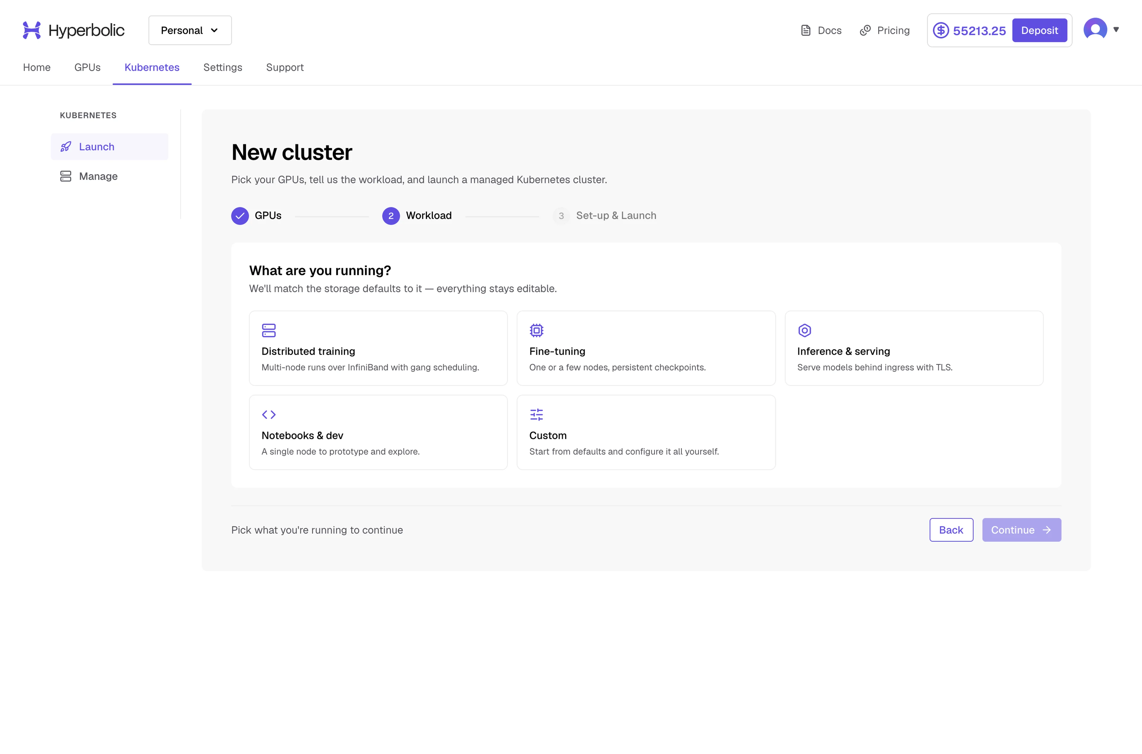 Choose a workload profile after selecting GPU capacity.