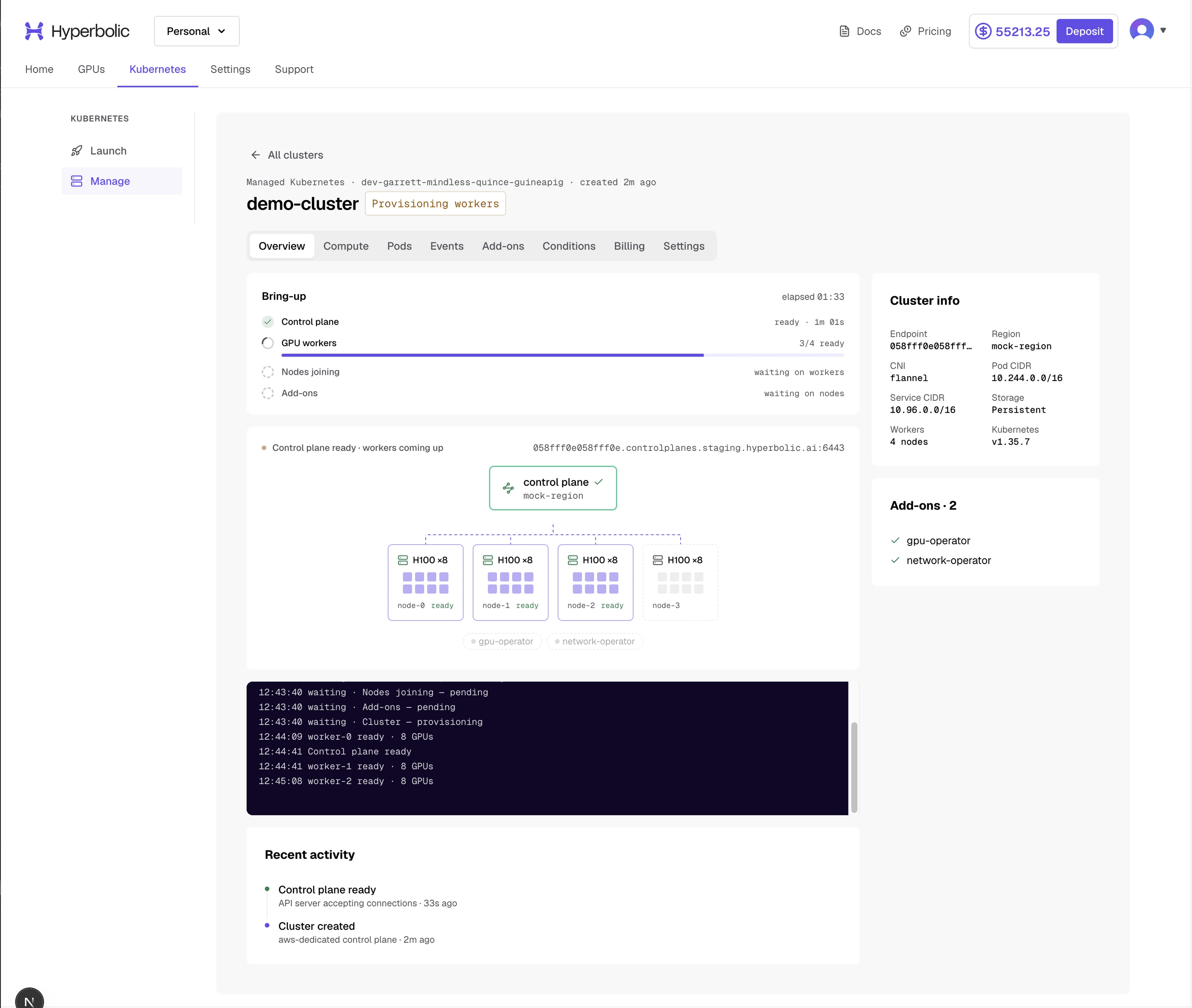 Provisioning in progress: the example has a ready control plane and three of four GPU workers ready; node joining and add-on setup are still pending in the progress tracker.