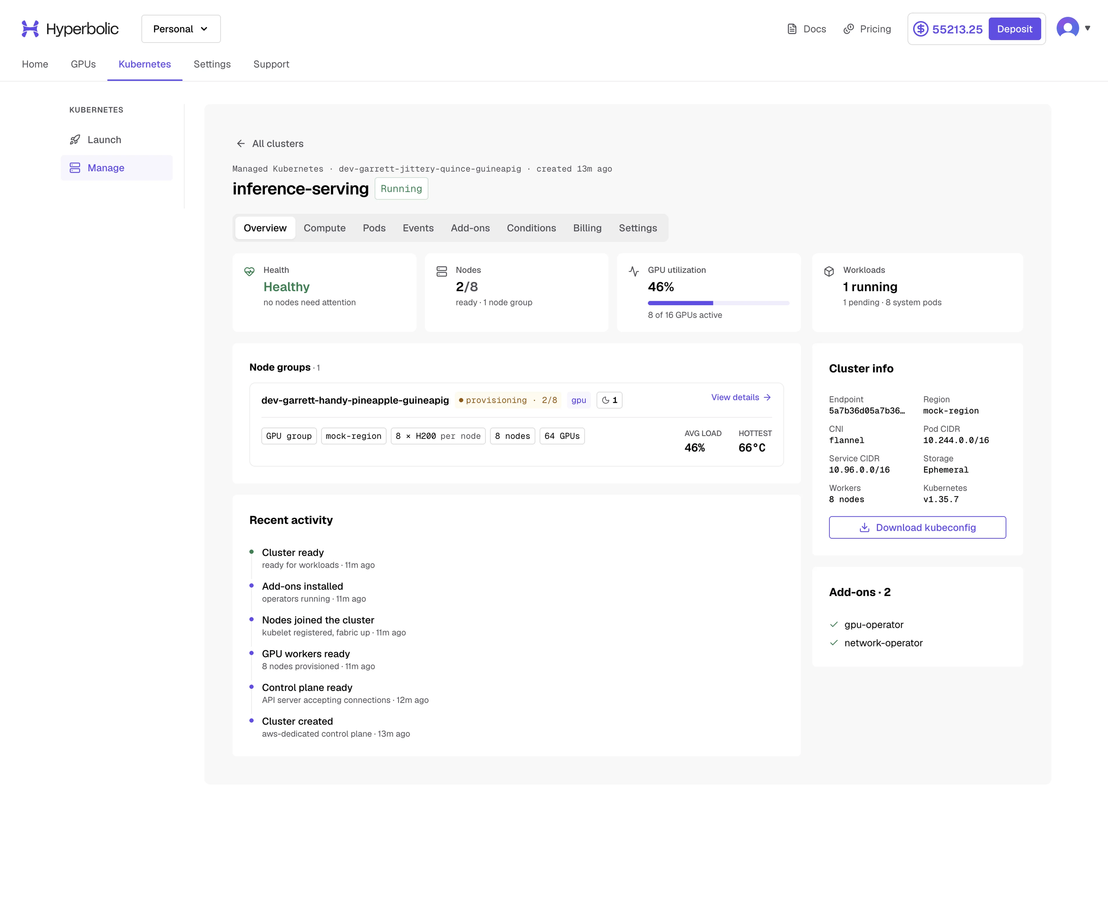 Review cluster health and worker readiness, then download kubeconfig from the Cluster info panel to connect.