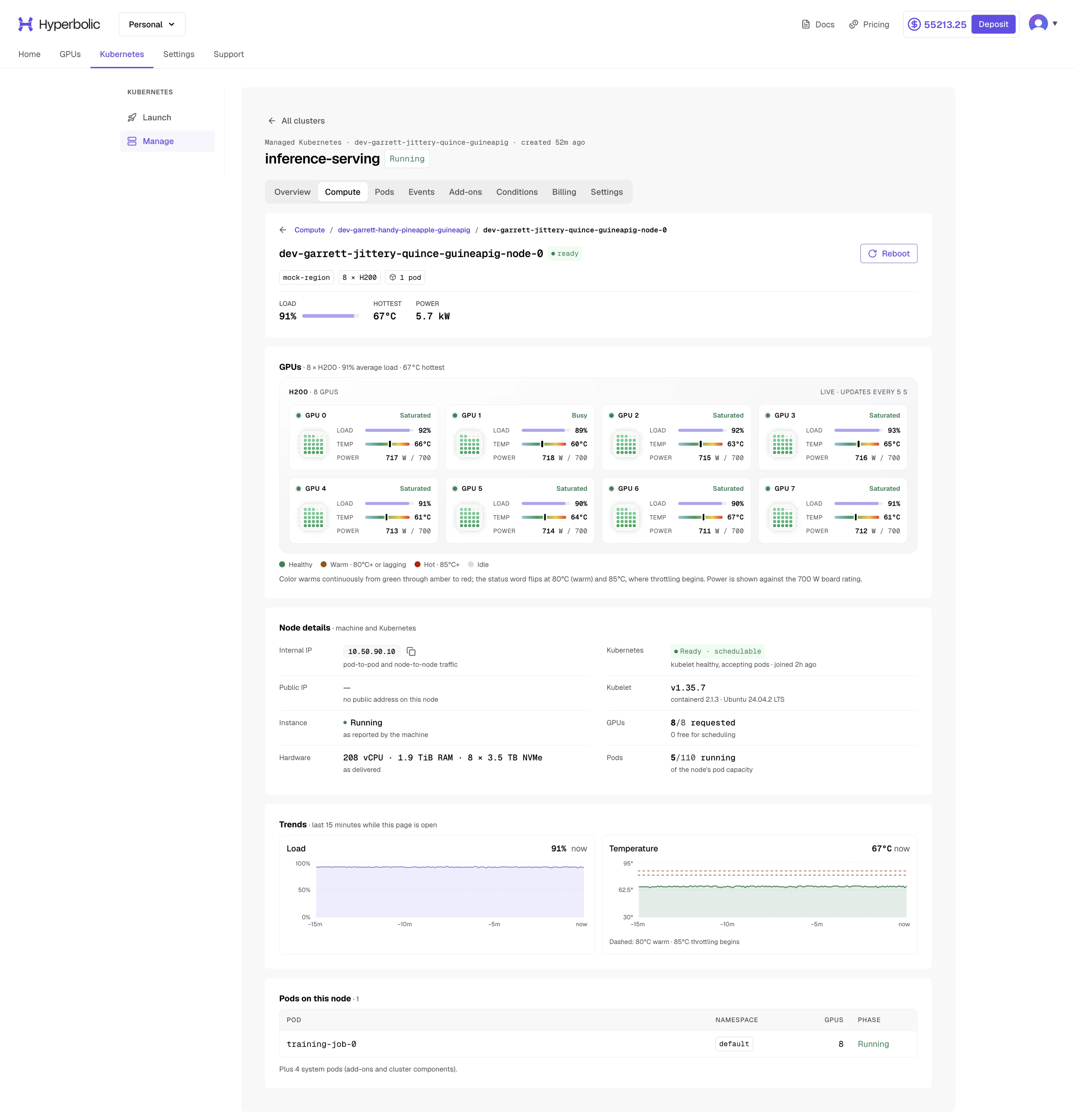 Inspect per-GPU metrics, node readiness, recent trends, and pods on an individual worker node.