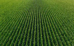 Aerial view of a lush, green cornfield with neatly aligned rows stretching into the distance under a clear sky.