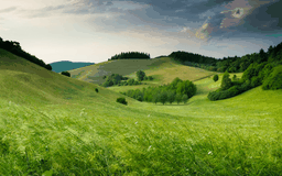 A serene landscape of rolling green hills with scattered trees under a partly cloudy sky, creating a peaceful and lush scene.