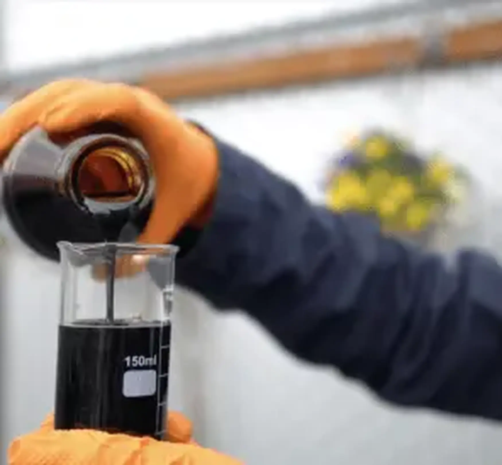 Person wearing orange gloves pouring dark liquid from a bottle into a 150ml beaker, with blurred background.