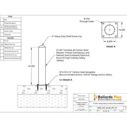 Heavy Duty Bolt-Down Bollard - 6"x36", Safety Yellow, Drawing